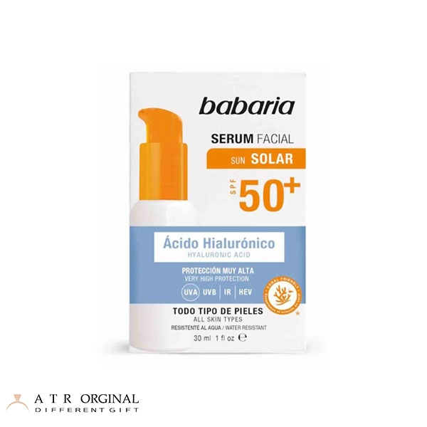 سرم ضد آفتاب باباریا babaria حاوی +SPF 50 مدل هیالورونیک اسید مناسب انواع پوست حجم 30 میل